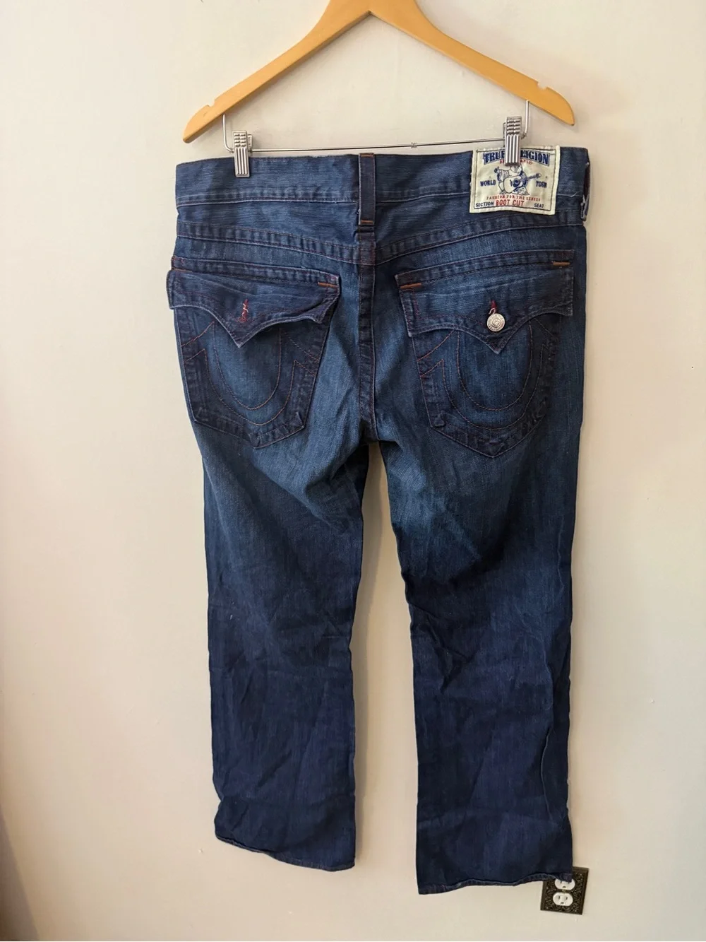 Y2K vintage True Religion Men's Indigo Bootcut Jeans red orange stitching